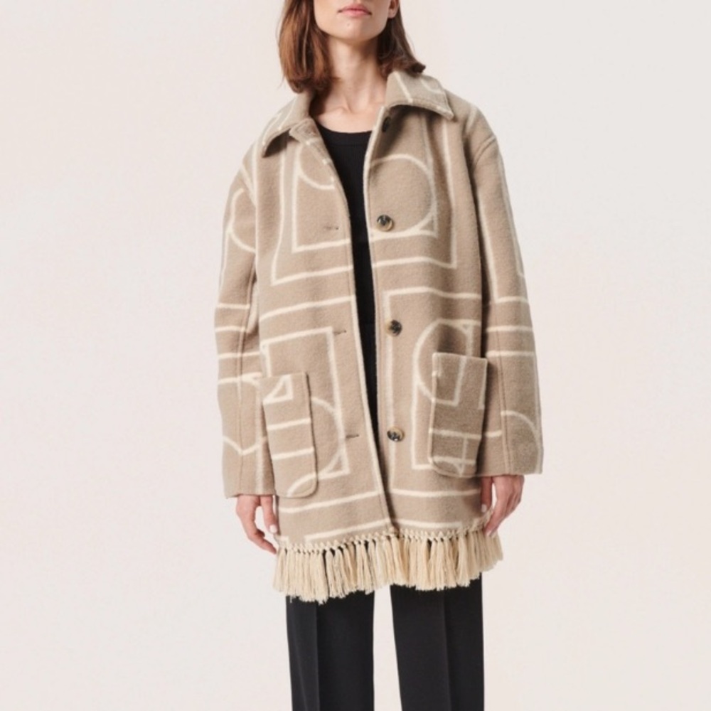 Soaked in Luxury Gale Fringe Coat Size Medium Geometric Linear Design Tan New